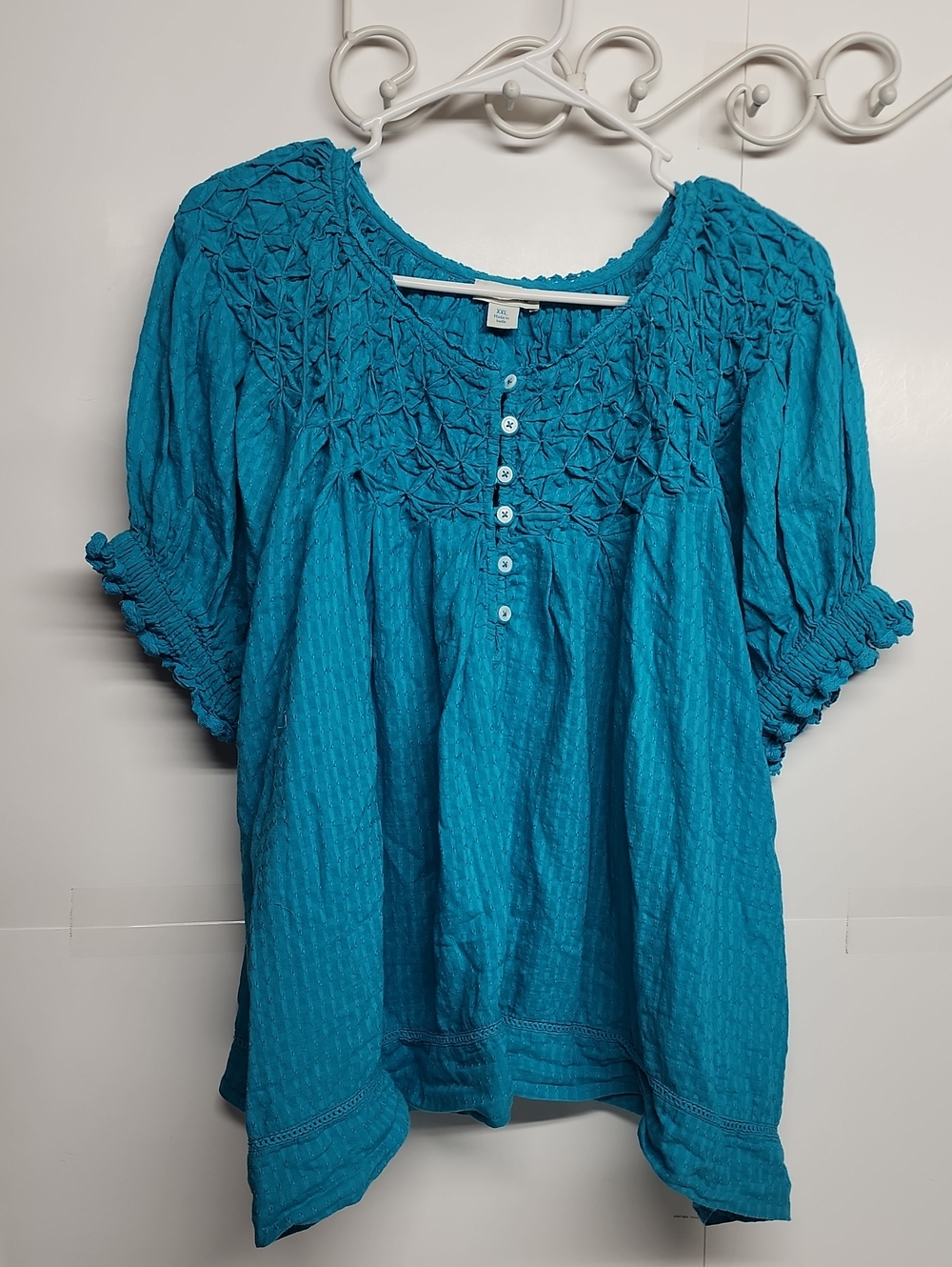 SUNDANCE Teal Smocked Button Peasant Top XXL Adorable Feminine Beautiful Boho